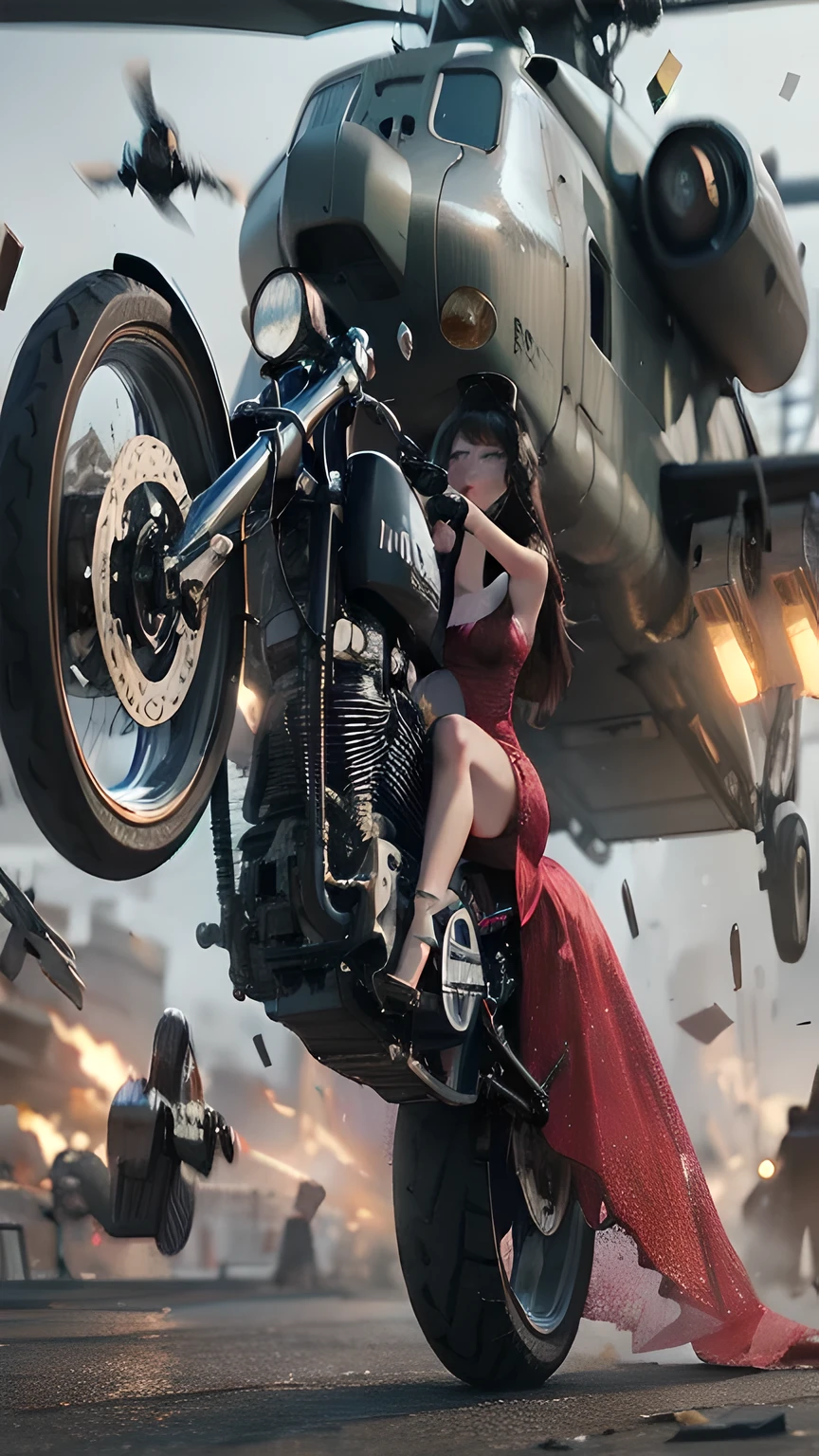 There is a woman riding a motorcycle，The background is a helicopter, Octane CG Association, Cool Anime 8K, 4K Fine Digital Art, Beautiful digital art work, Roland Zirvinskis 3D Rendering Art, 3D digital art 4k, Wojtek Fuss, Game CG, 8k Octane Rendered Ultra HD, octane render ultra hd 4k