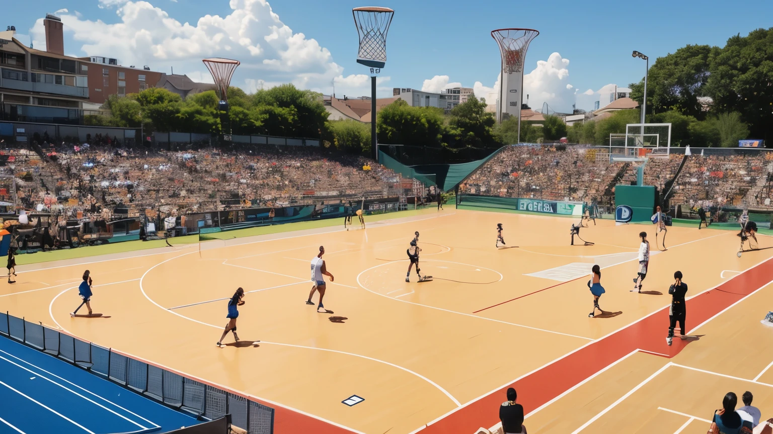 The basketball court is packed with spectators,There are many athletes on the field