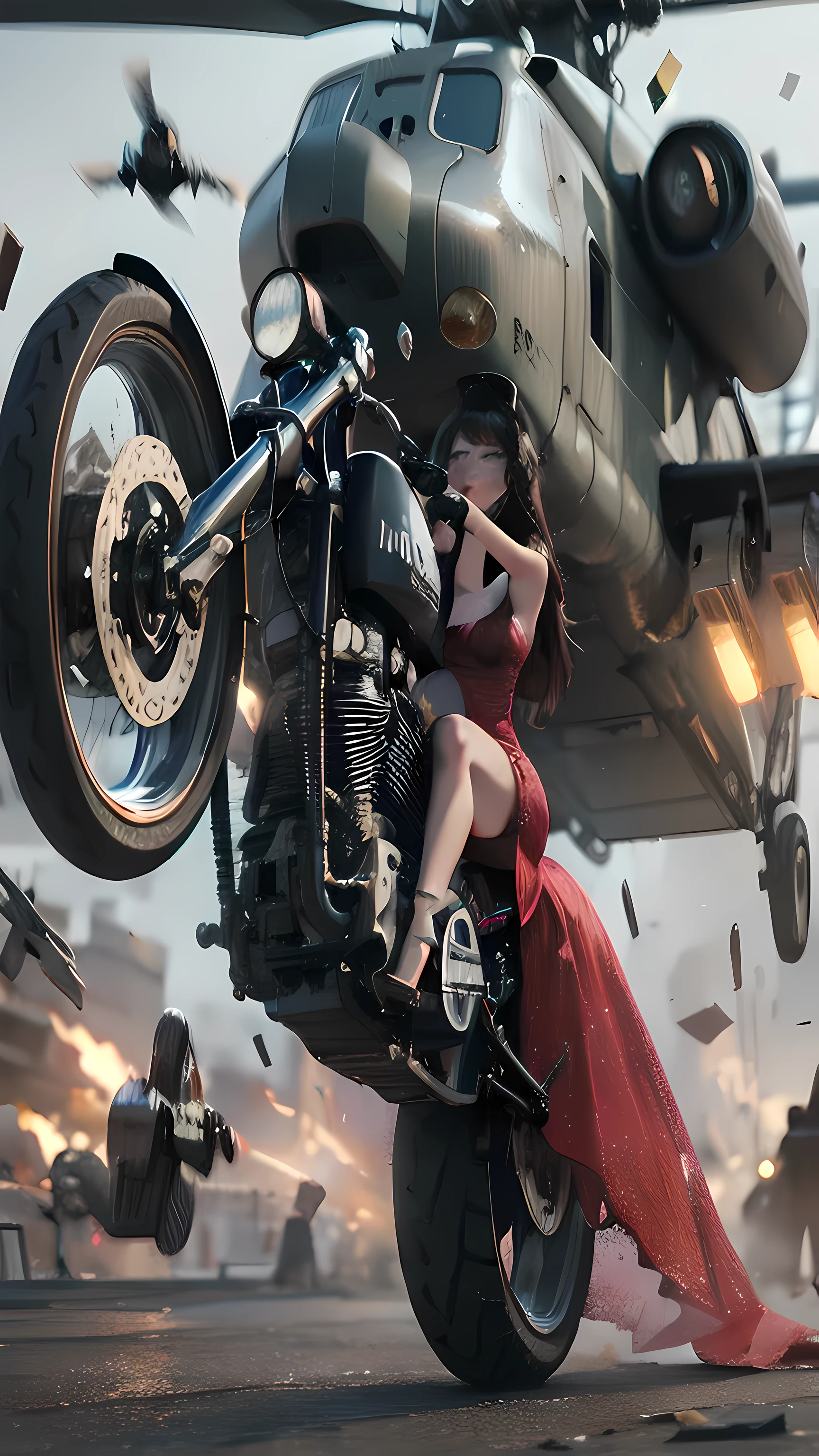 There is a woman riding a motorcycle，The background is a helicopter, Octane CG Association, Cool Anime 8K, 4K Fine Digital Art, Beautiful digital art work, Roland Zirvinskis 3D Rendering Art, 3D digital art 4k, Wojtek Fuss, Game CG, 8k Octane Rendered Ultra HD, octane render ultra hd 4k