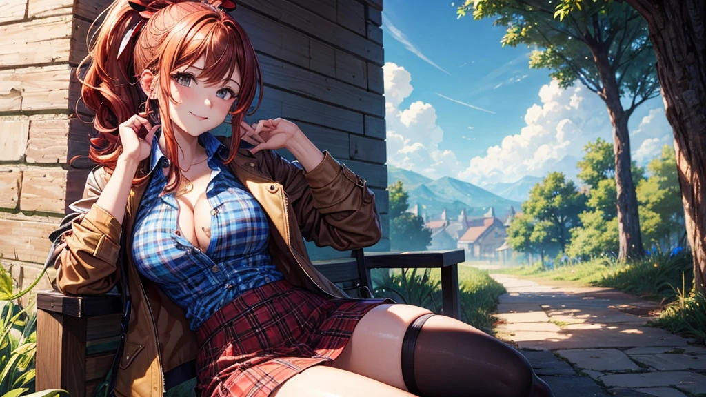 1girl, full body, summer, village, trees, sun, clouds, ((colorful hair)), ponytail, large breasts, button down, blue eyes, ((red, white and green shirt)), ((unbuttoned shirt)), unbuttoning buttons, ((short sleeved shirt)), black mini skirt, brown shoes, grin, looking at the viewer, standing, red, white and green hair ribbon, cleavage, ((golden necklate))