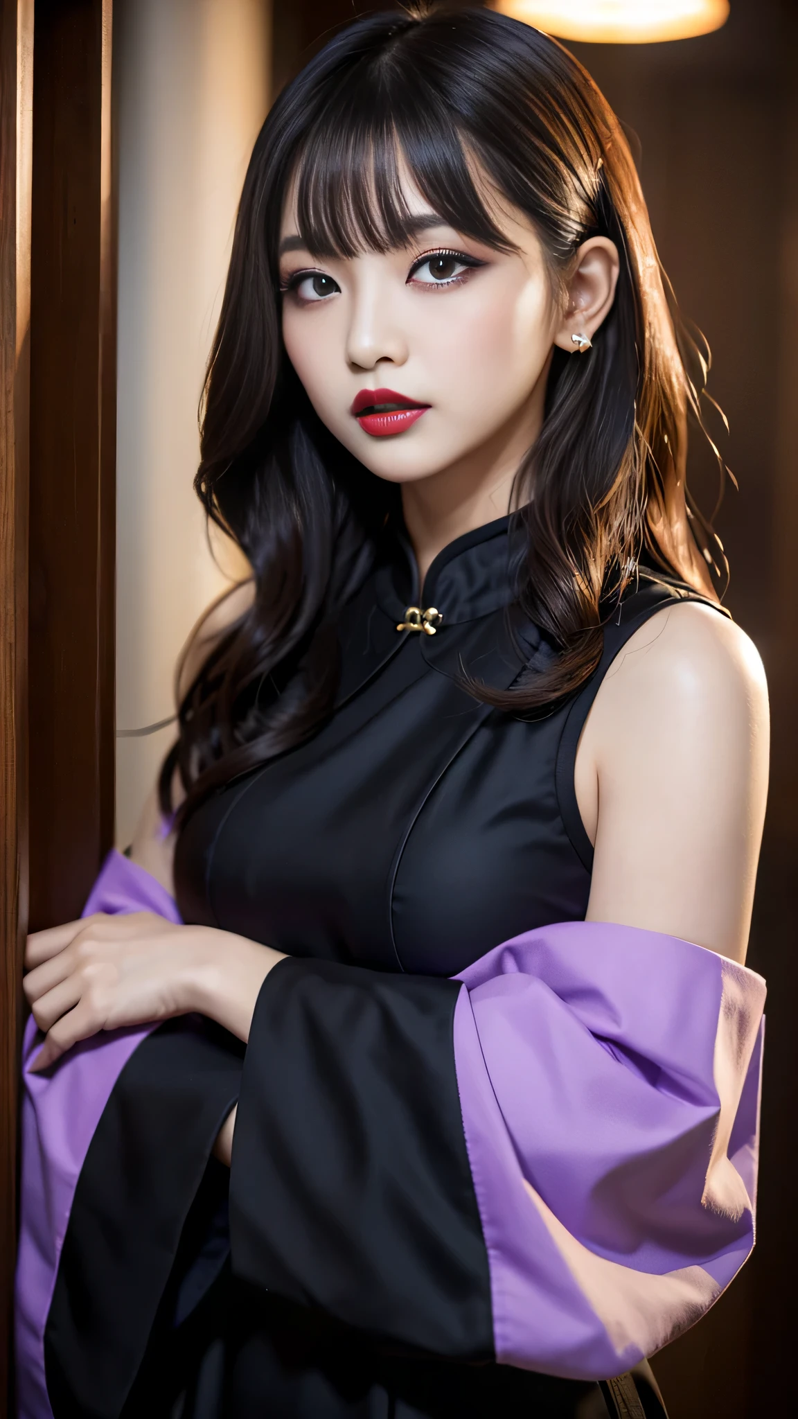 tra-detailed、Japanese、Attractive beauty、seductive adult woman、Pretty Woman、cool girl、brown hair、wavy hair、swept bangs、piercing eyes、hollow eyes、half-closed eyes、Hollow Eyes、Purple Eyeshadow、black lipstick、black lip gloss、dark makeup、smirk、Whisper in my ear、Evil expression、Long Black Cheongsam、Black wide sleeves、Evil cadres、Fallen into evil、brainwash、mind control、evil、Church at night、Swear allegiance、Have lipstick、Are standing