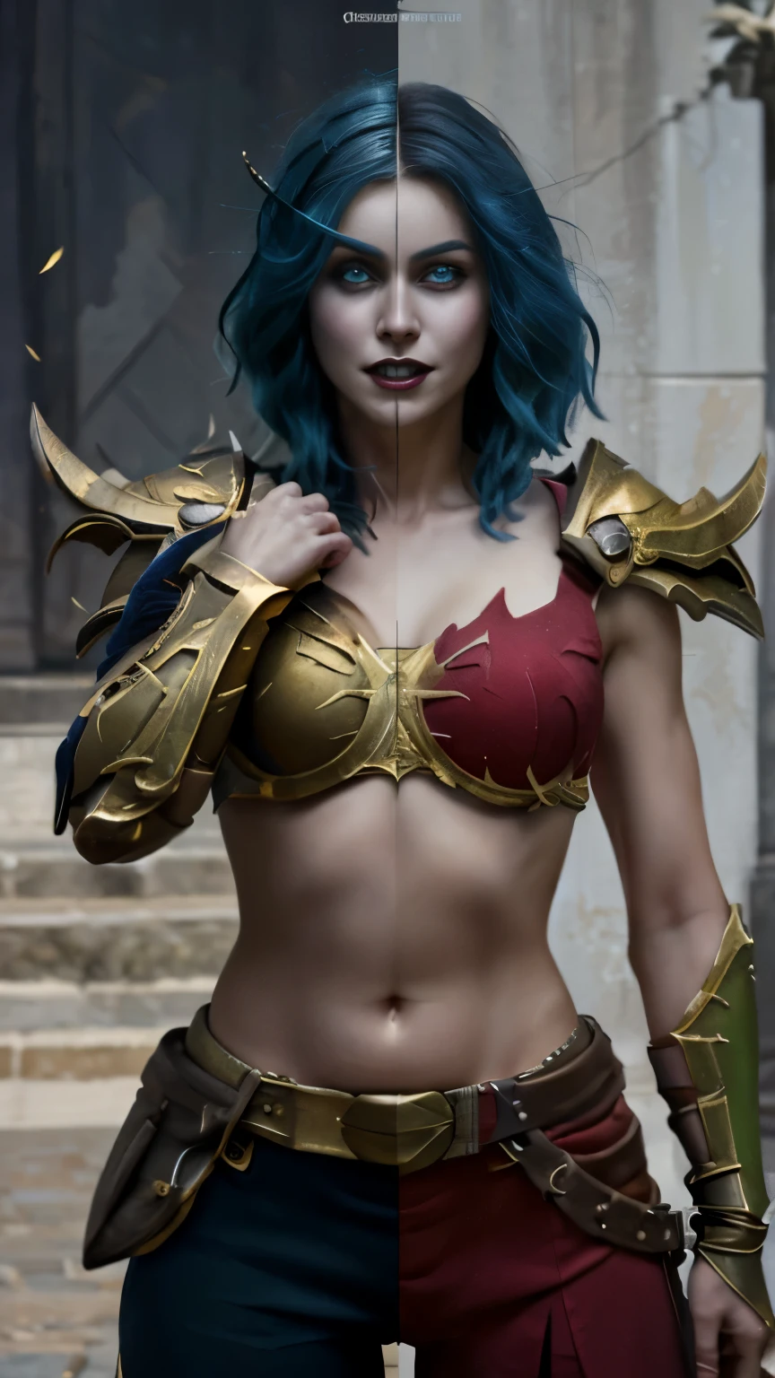 (Masterpiece, highly detailed, highly quality,  highly resolutions), beautiful, split theme, SplitScreen, splitscreen, (1girl, short hair, spiral eyes, mad, clenched teeth), ((Armor pants)), blue hair, purple eyes, blue skin, purple armor, gold trim, voidelf, crop top, sleeve, navel, shadow theme, SplitScreen, splitscreen, (1girl, long hair, spiral eyes, mad, clenched teeth), ((Armor pants)) , yellow hair, green eyes, pale skin, red armor, gold trim, bloodelf, crop top, sleeve, navel, light theme