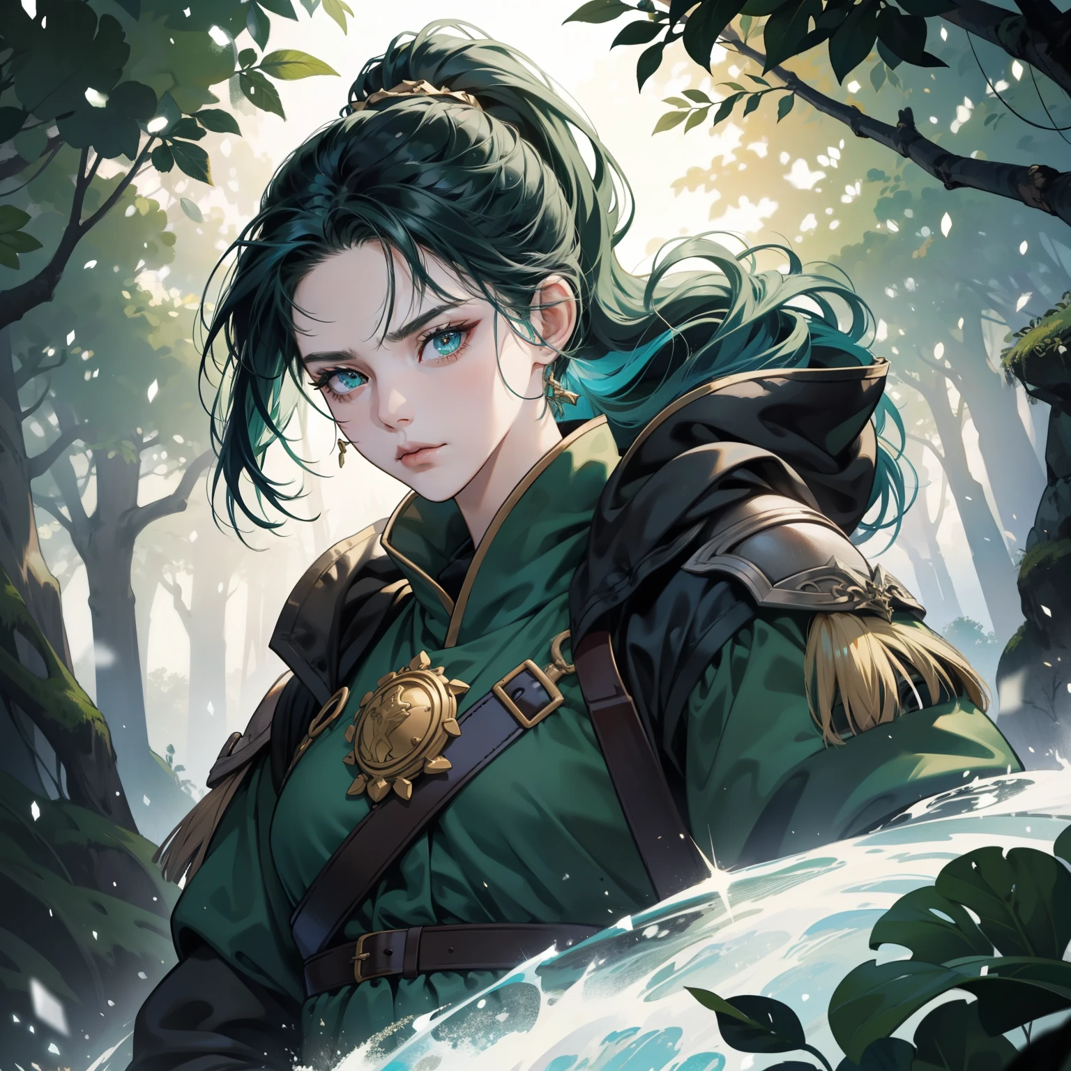 High quality masterpiece, super detailed, super emotion detailed, green fantasy Forest, warm colours dramatic lighting, movie scene, anime style, perfect face, clean eyes, Middle Ages, clean emotions, perspective from the bottom! full body! A girl with dark blue hair in a ponytail,  in simple winter dark hunting costume with sword is about to kill, she’s arrogant, looking down, kinda angry, pale skin!!!