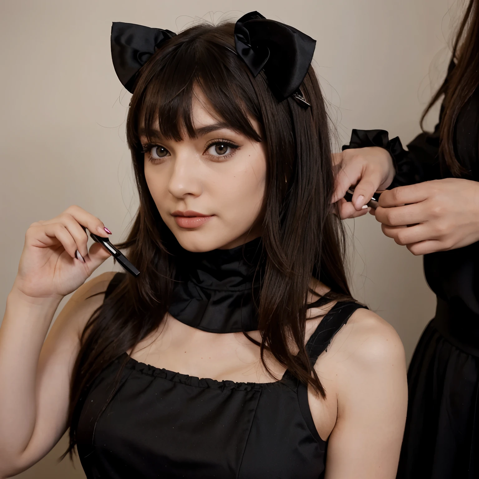 Hello kitty 3D medium brown straight hair with bangs, gothic black dress putting on makeup