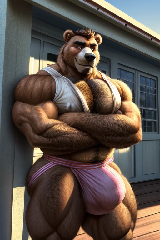 ((best quality)), ((masterpiece)), (detailed), perfect face, Bara Furry, Anthropomorphic bear, Dilf, Daddy, muscular, big pecs, broad shoulders, big biceps, thick thighs, huge ass, bubble butt, hairy ass, wearing jockstrap, big bulge, wearing wife beater shirt, arms crossed across chest, outside home, Georgian style home, Suburban Cul-de-sac, location based on Kennebunkport, Maine, location based on Wells, Maine, dynamic lighting, perfect shading, soft shading, soft colors, vivid colors, pastel colors