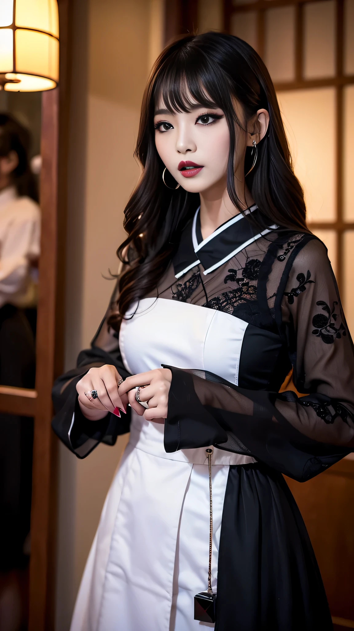 tra-detailed、Japanese、Attractive beauty、seductive adult woman、Pretty Woman、cool girl、brown hair、wavy hair、swept bangs、piercing eyes、hollow eyes、half-closed eyes、Hollow Eyes、Purple Eyeshadow、black lipstick、black lip gloss、dark makeup、smirk、Whisper in my ear、Evil expression、Long Black Cheongsam、Black wide sleeves、Evil cadres、Fallen into evil、brainwash、mind control、evil、Church at night、Swear allegiance、Have lipstick、Are standing