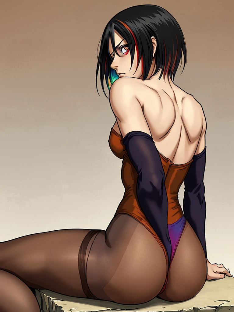 Mikasa Ackerman, Attack on titan
leotard,(multicolored pantyhose:1.3), from behind,
wariza, sit, leaning forward, simple background,, (masterpiece:1.2),(best quality:1.2),newest, ai-generated,