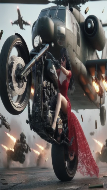 There is a woman riding a motorcycle,The background is a helicopter, Octane CG Association, Cool Anime 8K, 4K Fine Digital Art, Beautiful digital art work, Roland Zirvinskis 3D Rendering Art, 3D digital art 4k, Wojtek Fuss, Game CG, 8k Octane Rendered Ultra HD, octane render ultra hd 4k