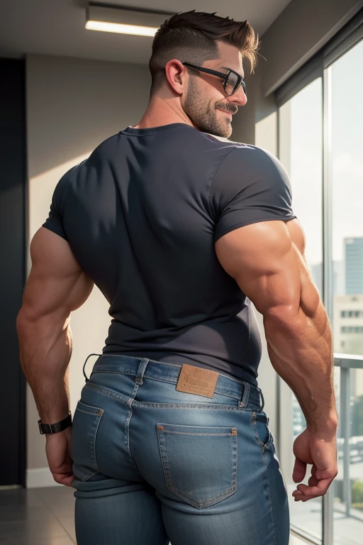 hombre musculoso salvaje, (40 year old daddy:1.1), 1 chico, Solo, (vistiendo una camisa a cuadros roja afuera), (camiseta gris por dentro), (hombros grandes), musculatura, rastrojos, barba corta, ojos bonitos:1.3, ), (cara detallada:1.3), Usando lentes, smiles, dynamic angle, (mejor calidad, A high resolution, fotorealista), cinematic lighting, Obra maestra, foto cruda, detalles intrincados, hdr, cuerpo completo, Bubble butt, jeans backside backside manly