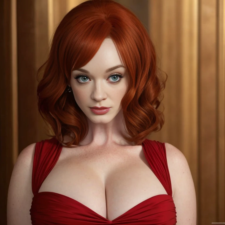 Masterpiece, best quality, detailed face, Christina Hendricks, red hair, red dress, pelvic curtain, cleavage, perfect skin, perfect neck, looking at viewer, neutral face, 