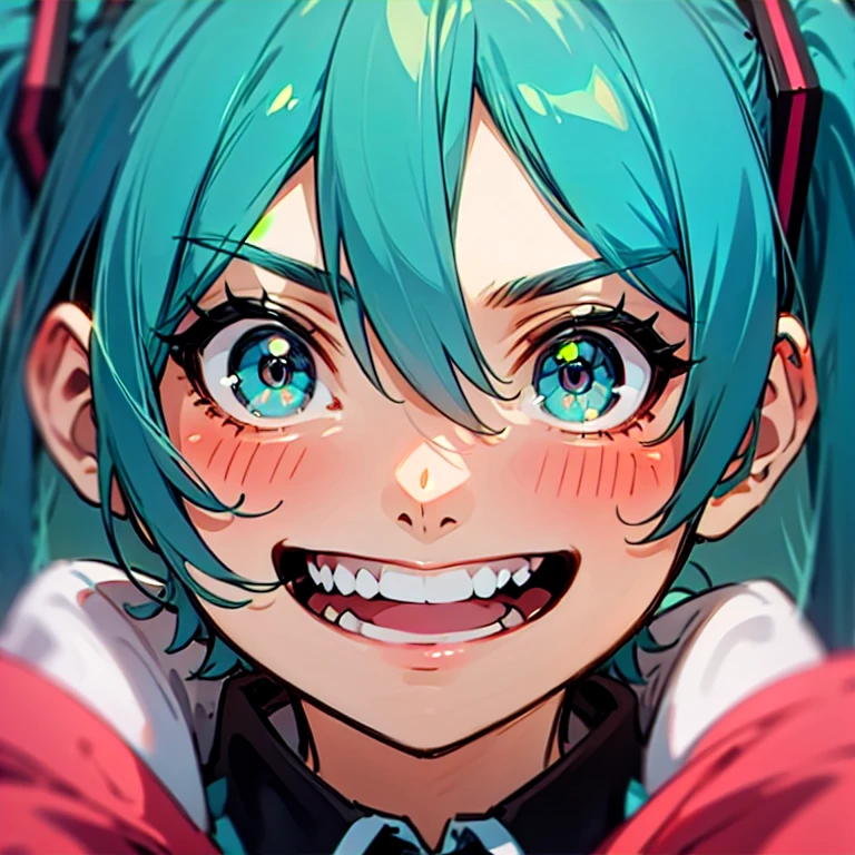 hatsune miku close up, pulling on own gums, revealing teeth