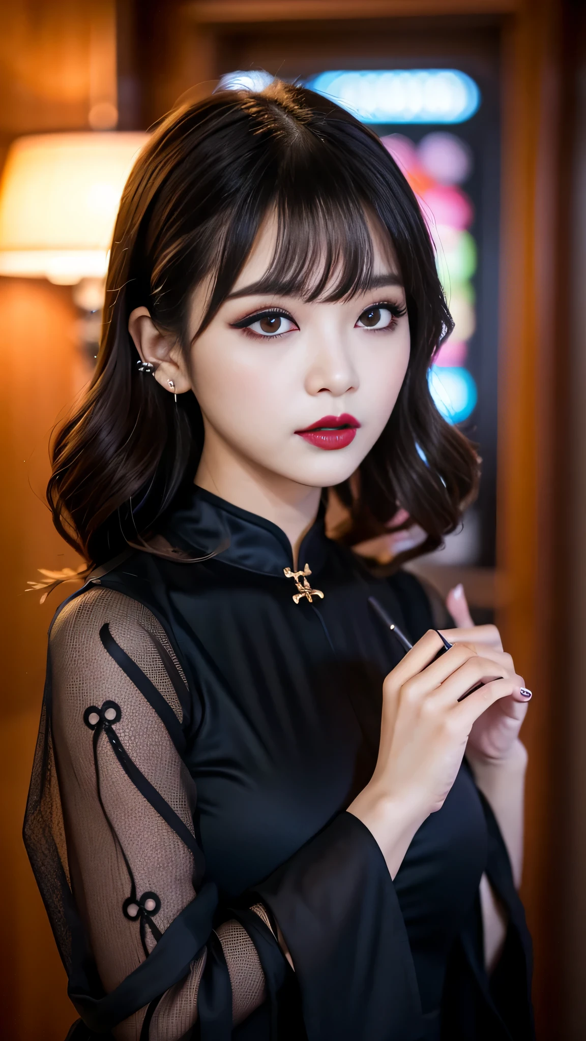 tra-detailed、Japanese、Attractive beauty、seductive adult woman、Pretty Woman、cool girl、brown hair、wavy hair、swept bangs、piercing eyes、hollow eyes、half-closed eyes、Hollow Eyes、Purple Eyeshadow、black lipstick、black lip gloss、dark makeup、smirk、Whisper in my ear、Evil expression、Long Black Cheongsam、Black wide sleeves、Evil cadres、Fallen into evil、brainwash、mind control、evil、Church at night、Swear allegiance、Have lipstick、Are standing