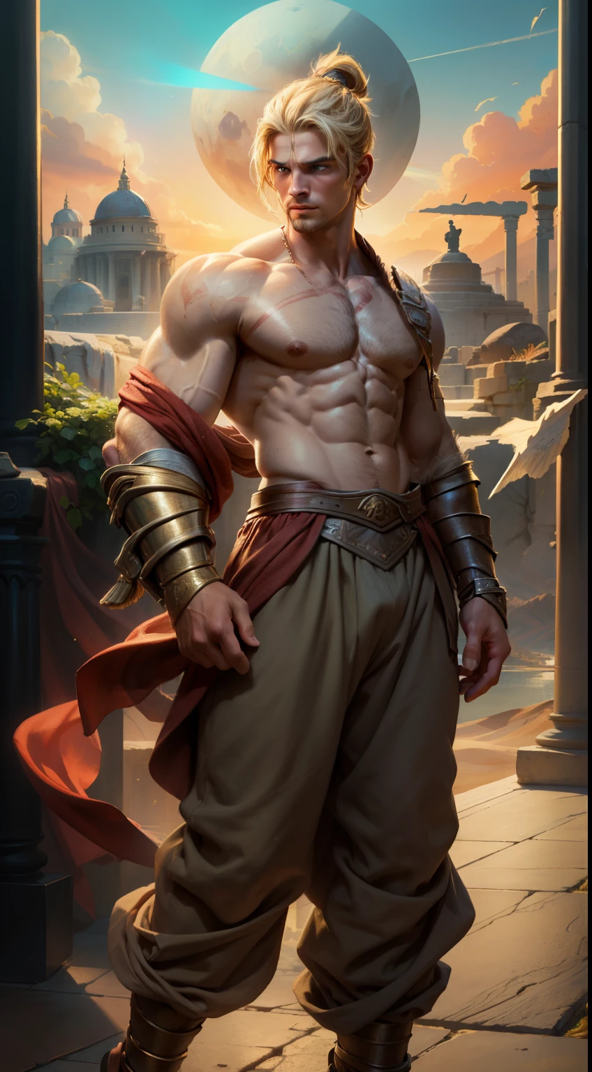 chiaroscuro technique on impressionist illustration of an masculine, Pantheon male model, handsome Roman, he is the god of war, he is Ares, Mars, evil-color, strong look, light blue eyes, strong jawline, dressed as a gladiator, ancient gladiator, male gladiator skirt, matte painting, by Harumi Hironaka, extremely soft colors, vibrant, pastel, highly detailed, digital artwork, high contrast, golden dramatic, refined, tonal, an intimate, golden year 
