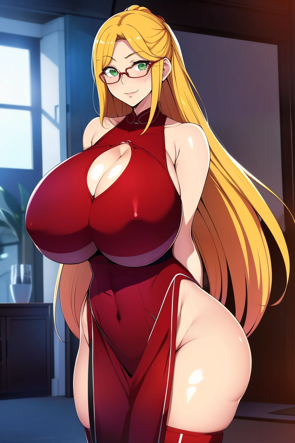 An anime-style artwork depicting Kousaka Shizuru from the game Honkai star rail.
Tags: Kousaka Shizuru, anime, detailed eyes, detailed lips, ass, bare shoulders, (blonde hair:1.1), (arabian dancer outfit:1.4), turtleneck, cleavage, mini skirt, midriff, glasses, gloves, long hair, red-framed eyewear, semi-rimless eyewear, solo, thighhighs, under-rim eyewear, huge breasts, (green eyes:1.1),, smiling expression, intense gaze, dynamic pose, indoor, palace, vibrant colors, digital art, high-resolution, professional quality, gigantic breasts, (underboob : 1.4), curvy, cowboy shot, (gigantic breasts: 1.4),