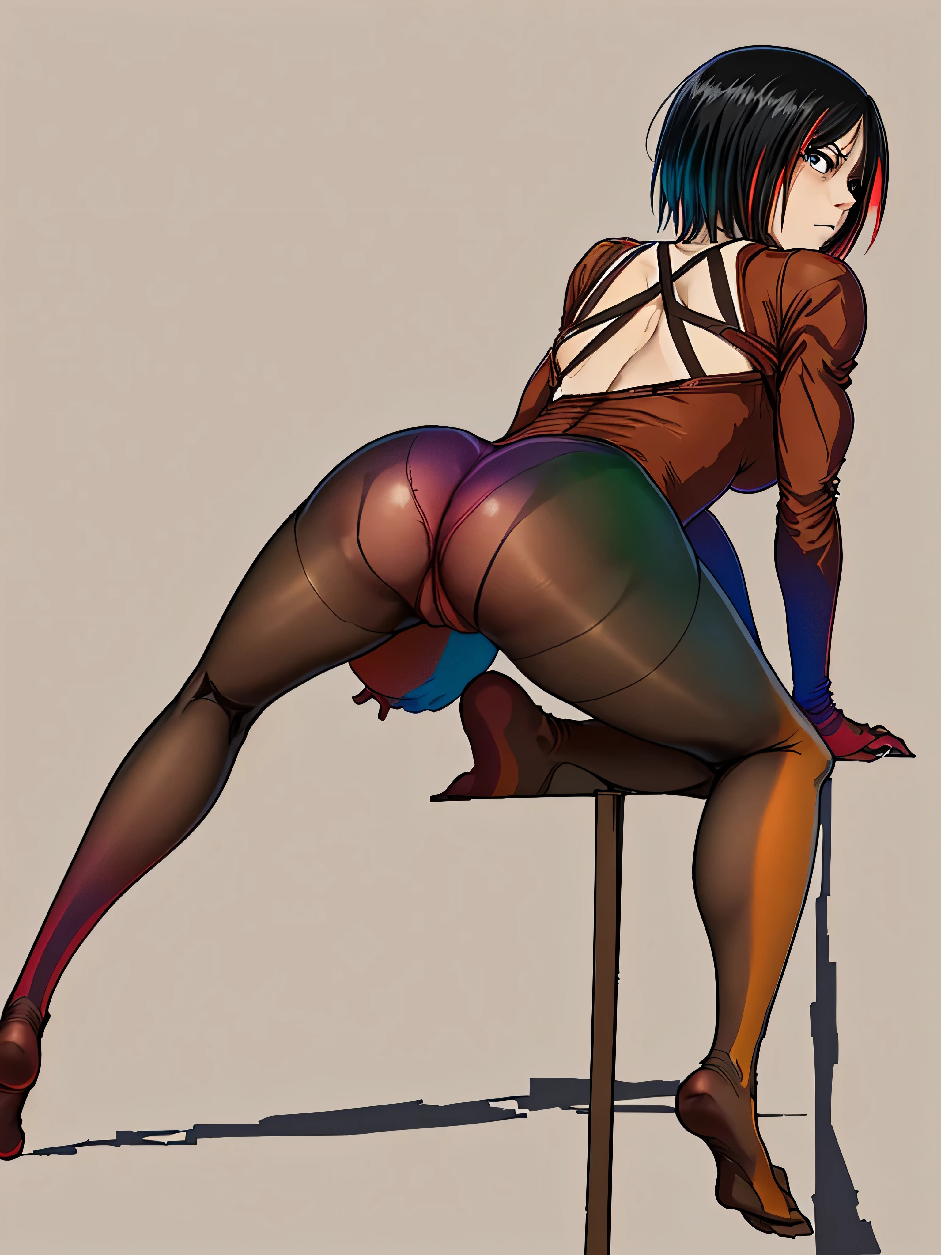 Mikasa Ackerman, Attack on titan 

leotard,(multicolored pantyhose:1.3), from behind,
wariza, sit, leaning forward,  simple background,, (masterpiece:1.2),(best quality:1.2),newest,   ai-generated,