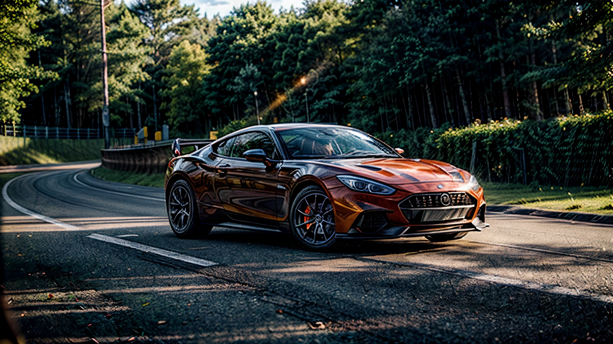 race track, orange sports car driving down the road, bright sun, the forest((8K, Raw-Photo, top quality, masterpiece), Highly detailed RAW color photography, professional photography, (realistic, фотоrealism:1. 37), (top quality), (best shadow), (Best Illustration), realism, ultra high resolution, highly detailed CG wallpaper unified 8K, Physics-based rendering)