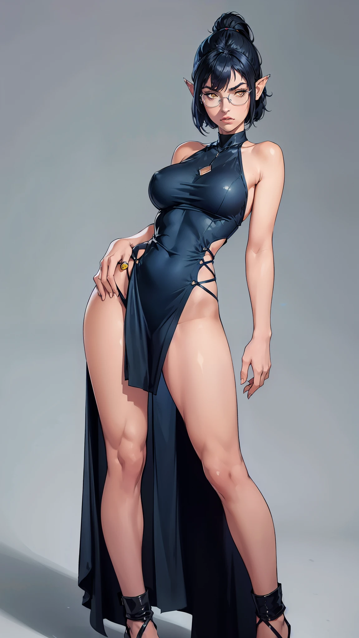 8k, older girl, (short dark blue hair:1.2), yellow eyes, serious, medium breast, rectangular glasses, dutch angle, sashagrey, (ahoge:1.1), dark elf witch, long tight multycolored dress with low-cut, large slit, (pointed ears), nipples trough clothes, simple white background, full body, silver jewelry, hands, slender girl, narrow hips, pelvic_curtain dress, hippiechicks