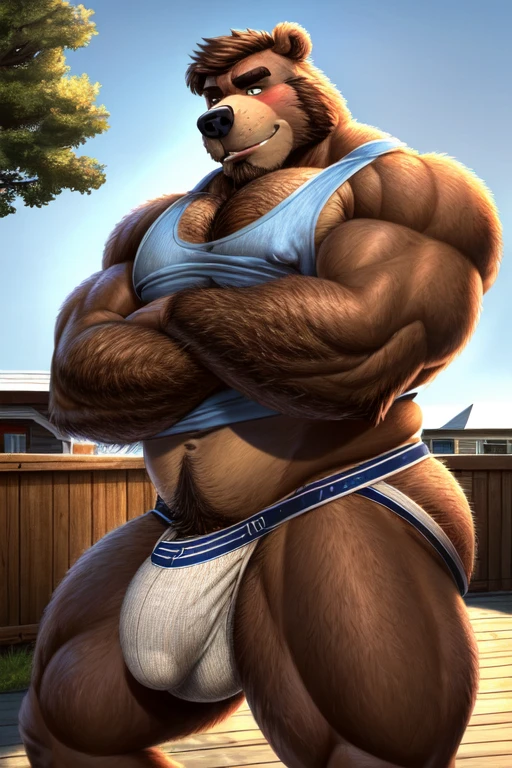 ((best quality)), ((masterpiece)), (detailed), perfect face, Bara Furry, Anthropomorphic bear, Dilf, Daddy, muscular, big pecs, broad shoulders, big biceps, thick thighs, huge ass, bubble butt, hairy ass, wearing jockstrap, big bulge, defined genitalia, unwashed jockstrap, bulge straining fabric, bulge outline, stained jockstrap, Wearing Tank top, arms crossed across chest, outside home, Georgian style home, Suburban Cul-de-sac, location based on Kennebunkport, Maine, location based on Wells, Maine, dynamic lighting, perfect shading, soft shading, soft colors, vivid colors, pastel colors 