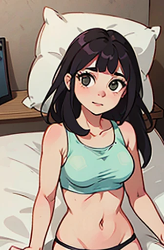 Girl with black hair on a bed looking at the camera, corada, opening your mouth and showing your tongue, in cowgirl position, pov vaqueira, pelada, dando pra ver sua vagina, buceta e os seus peitos com os mamilos amostra, sexy