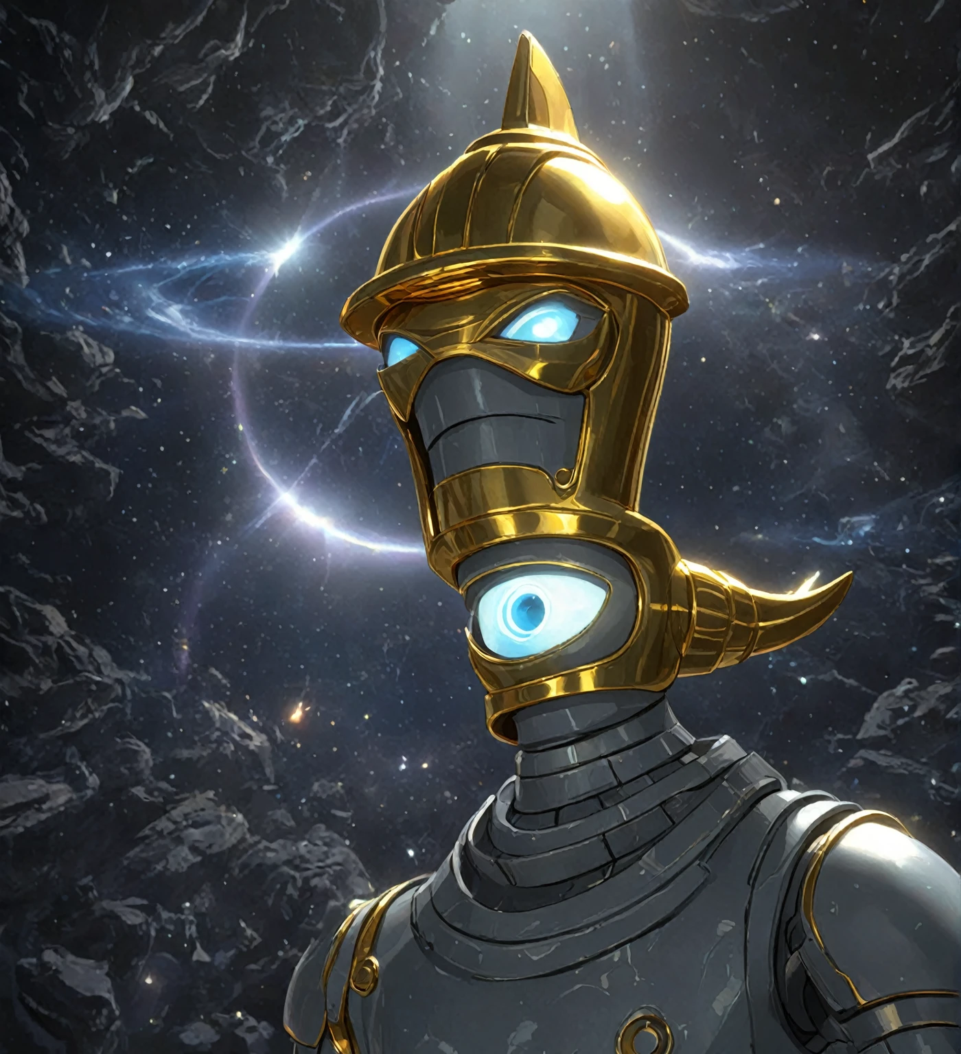 highly detailed portrait of a Bender sun god halo of light, gold, unreal engine, art by Scott Peterson, lostfish, hellper, global illumination, god rays, detailed and intricate environment, hellper style