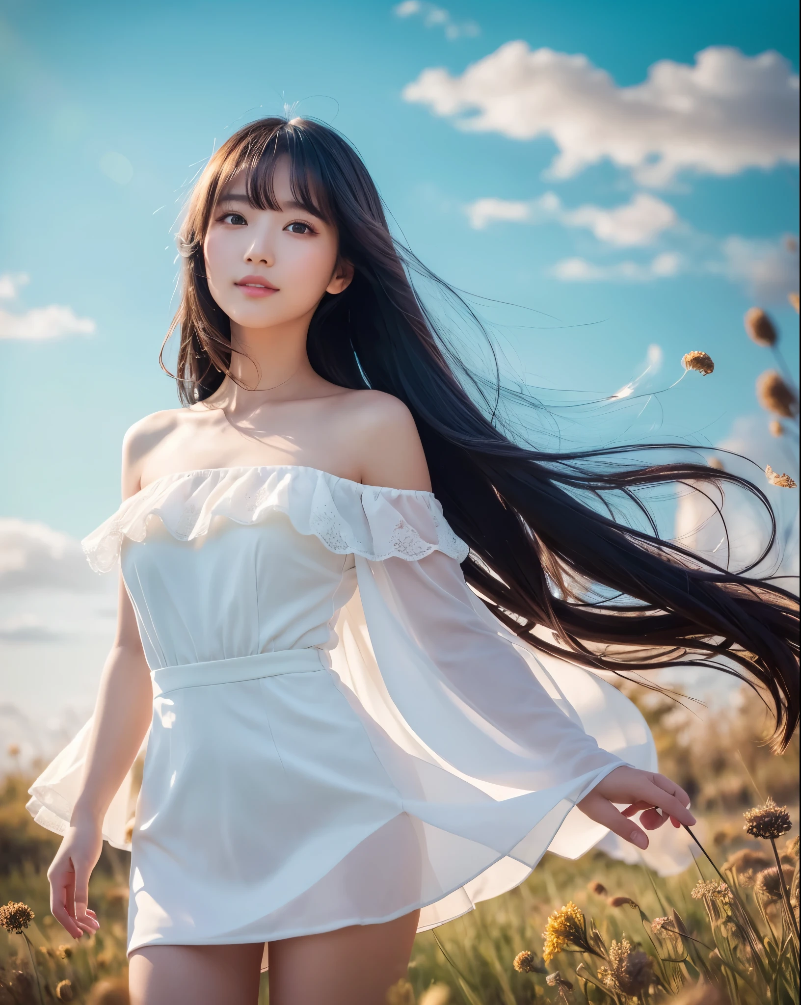Stunning wide-angle image of a beautiful Japanese woman gazing out over a vast plain, An exceptionally beautiful face, Shiny straight long black hair, Long Bangs, Hair between the eyes, Countless grasses and colorful flowers, Dreamy summer sky, fluffy clouds, Vivid blue sky, The breeze blowing through her hair, A gentle smile, White off-the-shoulder miniskirt one-piece dress, A mini skirt fluttering in the wind, Surrounded by a peaceful and enchanting atmosphere, Soft natural light illuminates the scene, Creates a magical and surreal atmosphere. (highest quality, Very detailed, Realistic:1.37), ((Colorful glowing light effect:1.3)), Professional Lighting, Professional photographer, Professional models