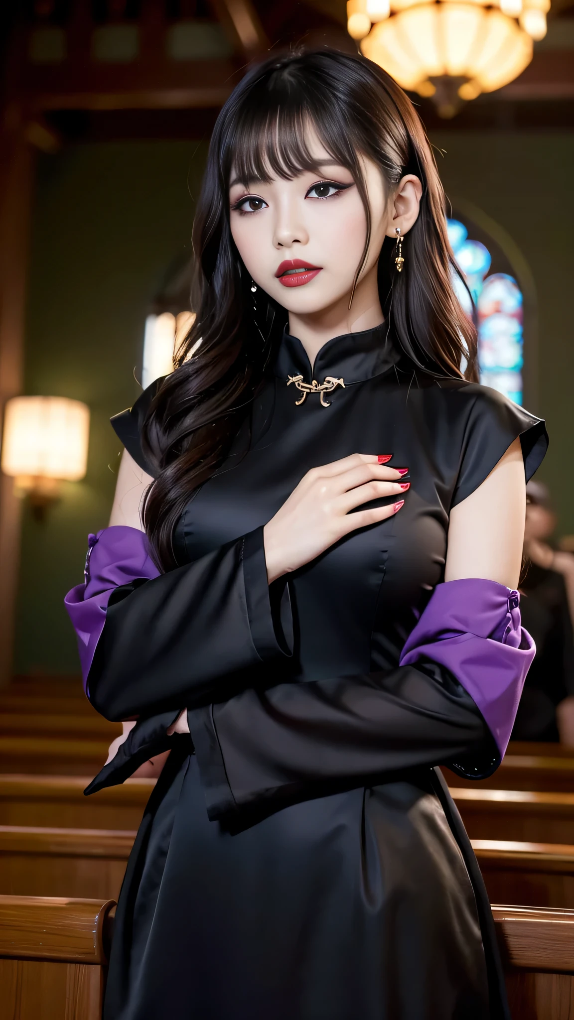 tra-detailed、Japanese、Attractive beauty、seductive adult woman、Pretty Woman、cool girl、brown hair、wavy hair、swept bangs、piercing eyes、hollow eyes、half-closed eyes、Hollow Eyes、Purple Eyeshadow、black lipstick、black lip gloss、dark makeup、smirk、Whisper in my ear、Evil expression、Long Black Cheongsam、Black wide sleeves、Evil cadres、Fallen into evil、brainwash、mind control、evil、Church at night、Swear allegiance、Have lipstick、Are standing
