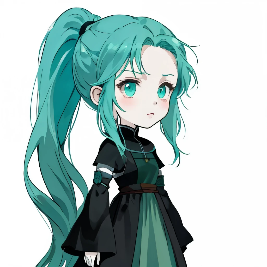 Chibi girl in Ghibli style with long turquoise hair in a ponytail in a medieval closed dark dress without background in full length, A cold, serious look, pale skin, Cyan eyes