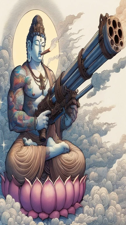 Close-up of drawing of man with gun, god Shiva the destroyer, cyborg Hinduism神body, Hinduism神, Buddha教, Hinduism, Indian God, vishnu, extremely high quality art, Greg Beeple, Japanese god, Hinduism艺术, Indian aesthetics, Charming male god, Giant God, Buddha教艺术, The album cover, Shiva, Buddha