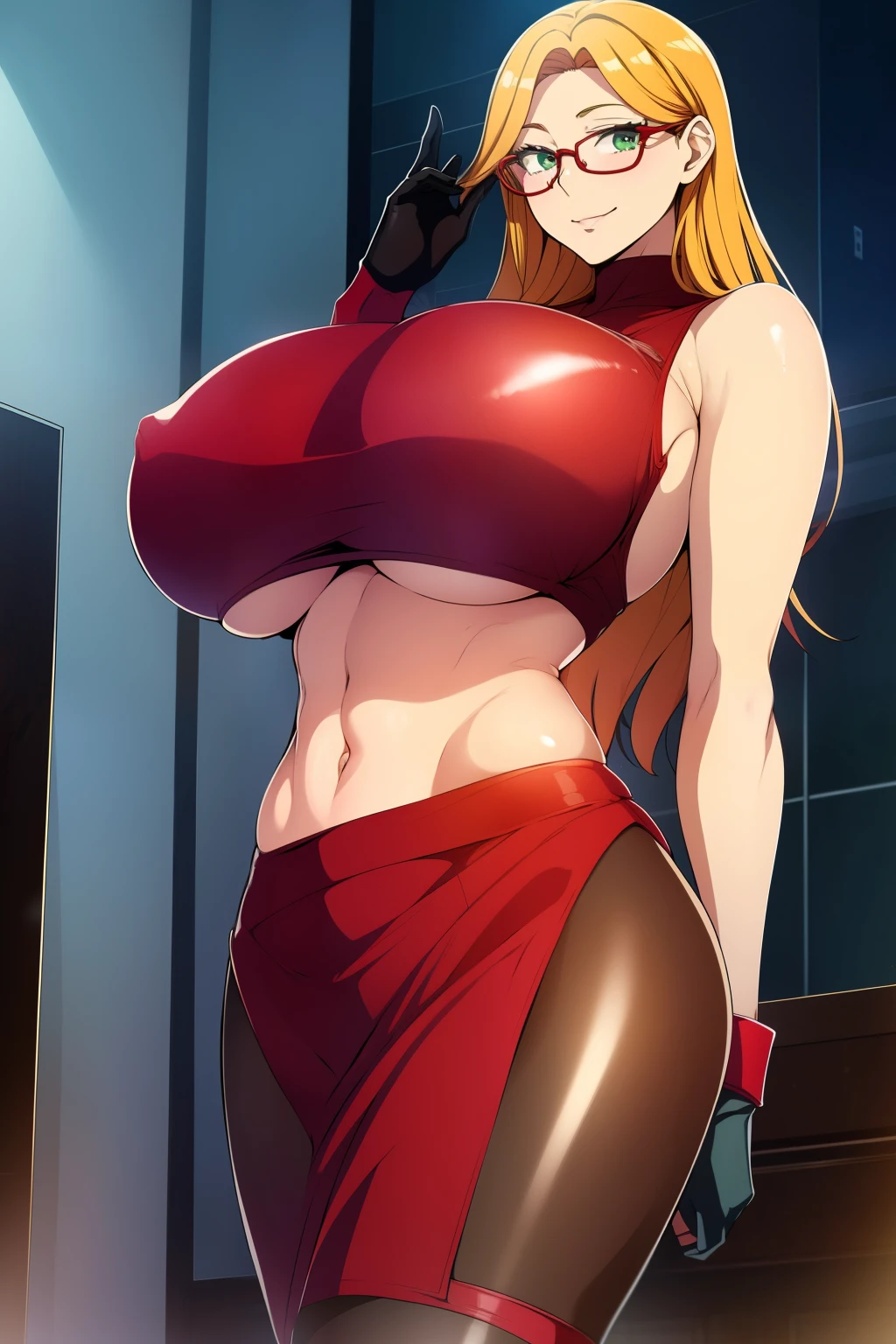 An anime-style artwork depicting Kousaka Shizuru from the game Honkai star rail.

Tags: Kousaka Shizuru, anime, detailed eyes, detailed lips, ass, bare shoulders, (blonde hair:1.1), crop top, turtleneck, pencil skirt, midriff,  glasses, gloves,  long hair, red-framed eyewear,  semi-rimless eyewear,  solo, thighhighs, under-rim eyewear, huge breasts,  (green eyes:1.1),, smiling expression, intense gaze, dynamic pose, indoor, palace, vibrant colors, digital art, high-resolution, professional quality, gigantic breasts, (underboob : 1.4), curvy, cowboy shot, (gigantic breasts: 1.4),