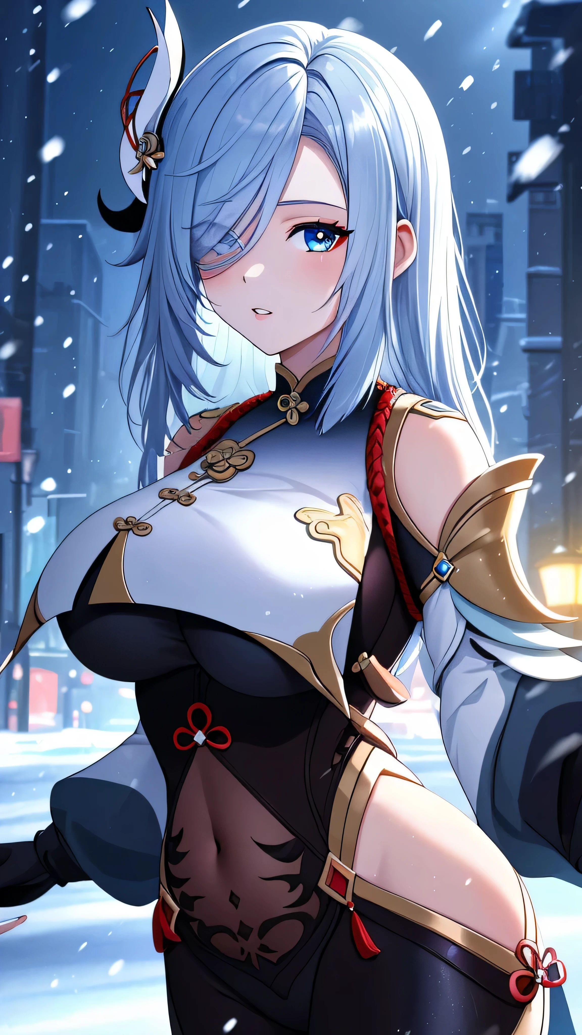 (4k,masterpiece, high resolution, best quality:2, breathtaking, ultra detailed:1.4),A cool female in the street at night,shenhe,Shenhe,1girl,shenhe (genshin impact),solo,hair over one eye,breasts,blue eyes,long hair,hip vent,holding,large breasts,covered navel,bodysuit,parted lips,hair ornament,looking at viewer,gloves,grey hair,breast curtain,rim light,scenery,huge filesize,Cinematic Lighting,absurdres,face_focus,close-up,snow,ice, (masterpiece, high resolution, best quality:1.4, breathtaking, ultra detailed)