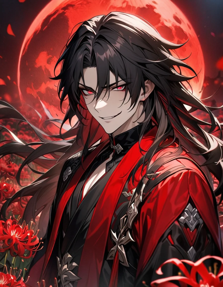 absurdres, highres, ultra detailed, HDR, master piece, best quality, extremely detailed face and eyes, Blade, black long hair, expressive crimson eyes, Honkai star rail, 1 man, evil smirk, extremely handsome, red haori, black kimono, red spider lilies, red water, red moon, petals