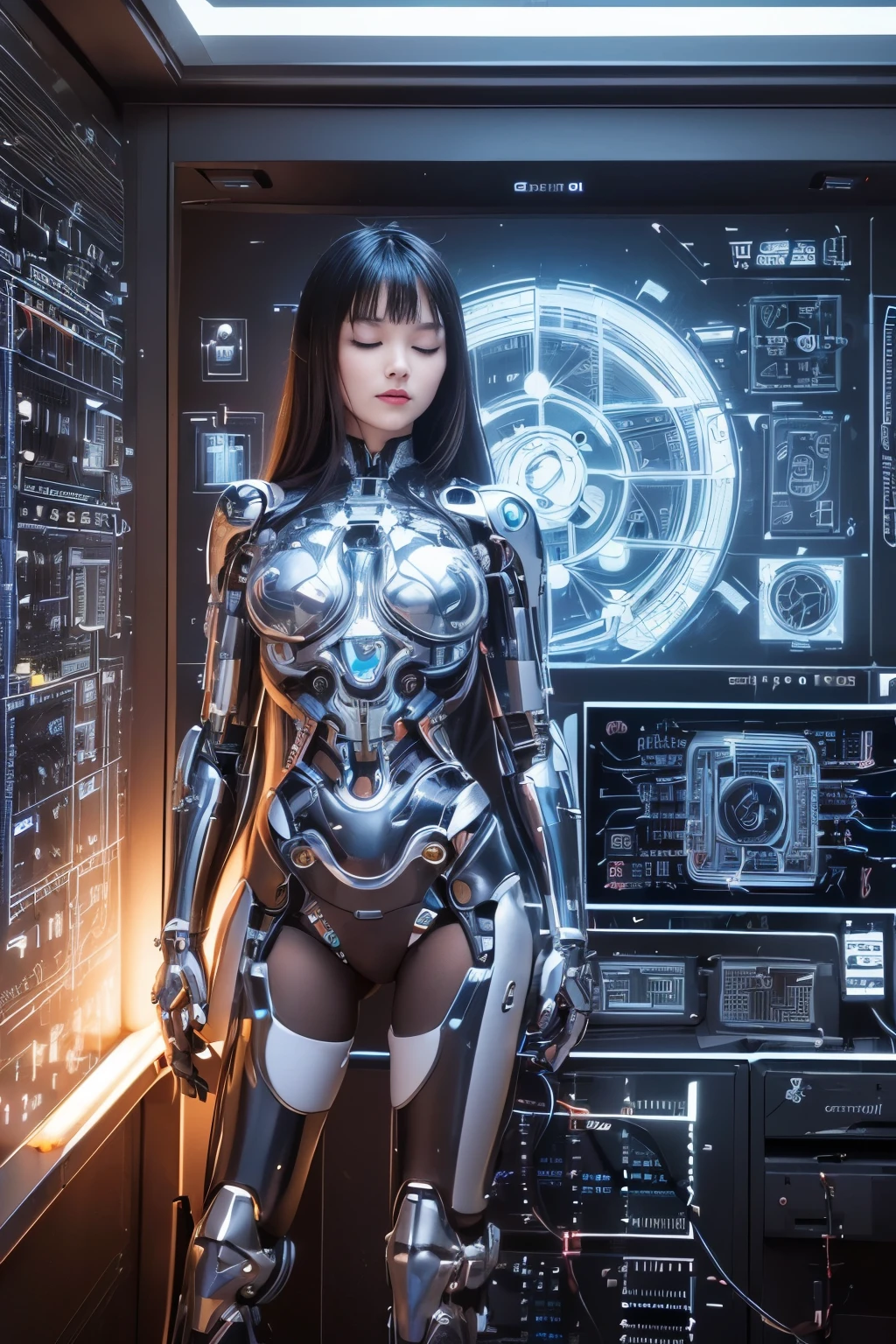 NSFW,,(highest quality, High resolution, masterpiece:1.2), Very detailed, Realistic:1.37, (Perfect Anatomy),1 girl, actress, Cowboy Shot, Cute and beautiful girl body,(Transformed into a super cyborg:1.３),Standing posture,Laughter,（closed eyes:1.4),sleep mode.Battery charging,Beautiful Skin,,, Detailed facial features,(Futuristic transparent bio-acrylic body:1.３),(Detailed electronic circuits inside the body are visible:1.６),Many cables connected to the body, attractive idol makeup,Tied metal wire hair，Cute pose,Cybernetik,cyber punk,(The background is the interior of a cyborg operating room and a monitor screen.:1.１)..