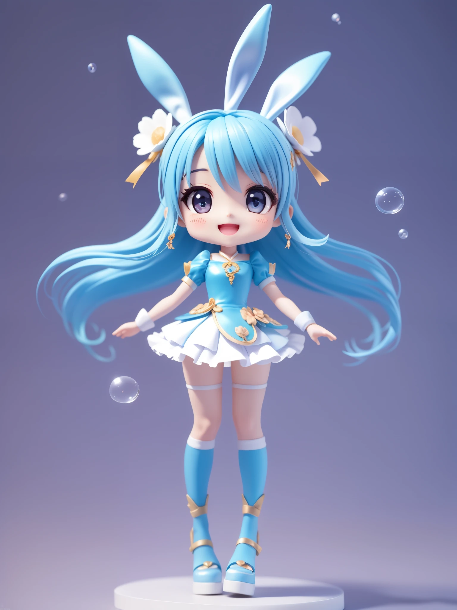 (Daisaku), (Extreme Quality), (Super Meticulous), (Full Body: 1.2), Bubble Mart Style, Chibi, Cute , Smile, Open Mouth, (Beautiful Delicate Face), (Beautiful and Delicate Eyes), blue, bunny ears, blue colors, looking straight, (t-pose), (straight), (symmetrical), no blur