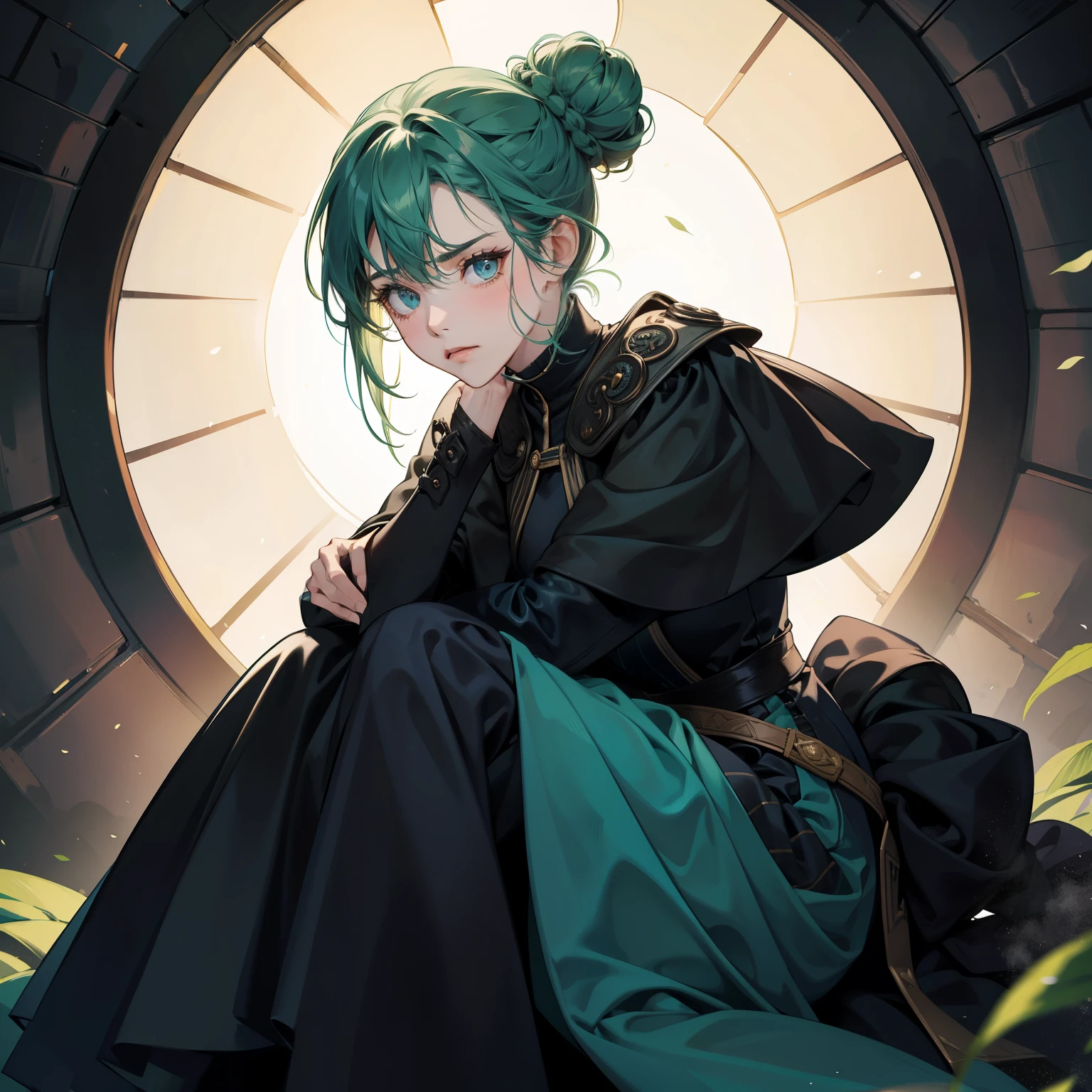 hiquality, Masterpiece, great details, Pure emotions, pure eyes, medieval, dramatic lighting, full - body, medieval, View in front of the camera, There is a girl with dark blue-green hair in a low bun in a closed black long dress, She looks down, She was upset, Species pubescent, She's sad, a 1girl, solo, a perfect face