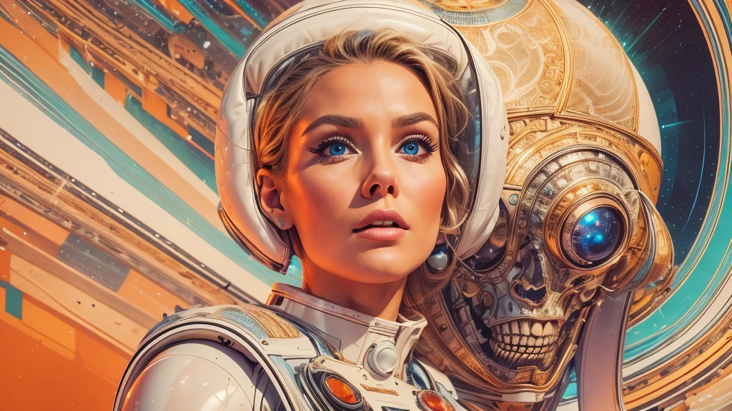 arafed image of a white woman in a futuristic suit with a spaceship in the background, movie art, in front of an orange background, inspired by Robert McGinnis, female protagonist, megastructure in the background, portrait of an ai astronaut, astronauts, an astronaut, portrait of a astronaut skeletor, perfect android girl, detailed eyes, perfectly detailed teeth, frank franzzeta and sakimichan  