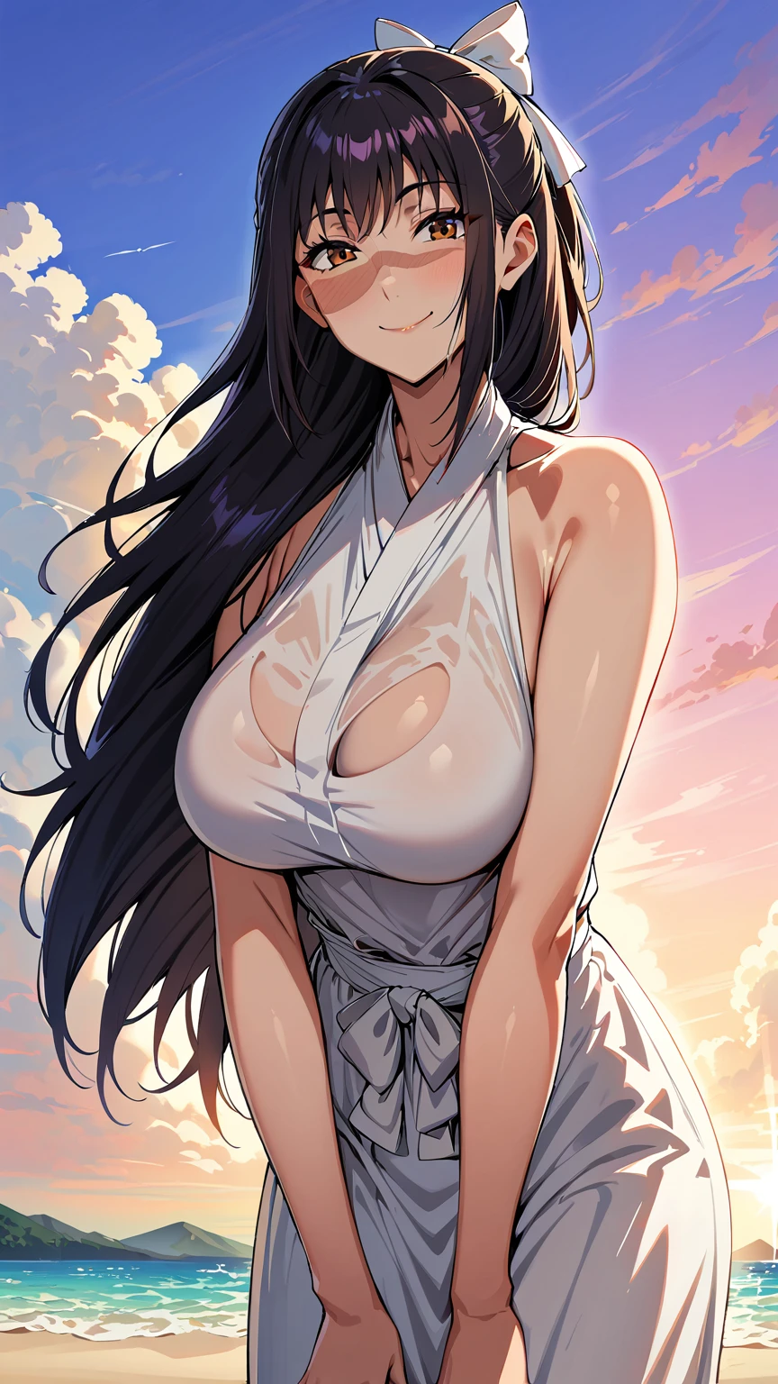 (masterpiece, best quality:1.2), 1girl, solo,standing, leaning forward, anatomically correct, beautiful hands,
Utahme Iori, black hair,brown eyes, big breasts,long hair, miko outfit, kind expression, smiling, beautiful colours, good lighting, looking at the viewer, looking from below, beach background, ribbon bow on hair, light facial scar, 
