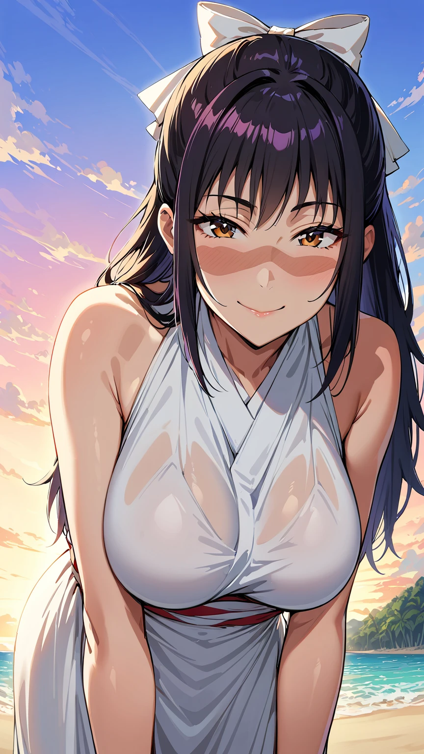 (masterpiece, best quality:1.2), 1girl, solo,standing, leaning forward, anatomically correct, beautiful hands,
Utahme Iori, black hair,brown eyes, big breasts,long hair, miko outfit, kind expression, smiling, beautiful colours, good lighting, looking at the viewer, looking from below, beach background, ribbon bow on hair, light facial scar, 
