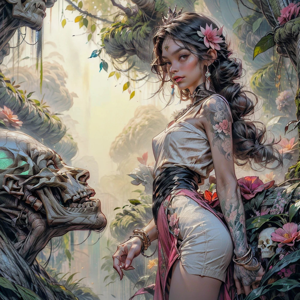 ((Create a picture, a masterpiece), (1 girl - standing at full height, relaxed pose), (Girl with long pink hair, crown, princess, detail), (1 girl, tattoos, glowing tattoos, shiny, white-fluffy 16 +), (pink transparent short dress-clothes)) (sexy, erotic), (cute style, colorful))_((long pink hair, braided), (Best quality ), (intricate details))_((Red and white clothes)), ((clothes)), ((thigh-high stockings)), ((Round eyes)), ((Beautiful face, happy, cute face)), (pin-up, perfect face, portrait on a plain background, postcards, bubblegum))_((tattoos, down clothes:1.2))_((green:1.5, orange:1.1, white:1.3, yellow:1,3), (flowers, leaves, fog, lines, circles, background)) _((stylization; clear line, clear outline, high-quality line drawing))_((simple color palettes), (color fill, Saturation of color, harmony, balance), (rich pastel colors, Pure colors))_((sexy, erotic), (simple), (Necklaces and thin rings made of silver or gold), (bracelets, unusual designs))_(( background), (skulls, Flowers), (abstract), (stunning flowers), (lilies, extremely unusual, long stems - large stems, skulls, Flowers)).