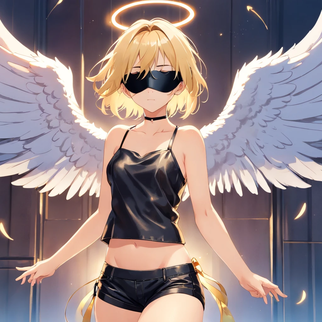 I became a Taimanin。(((1girl)), ((leather blindfold, leather tube top, leather micro shorts),  (angel halo, angel wings, small breasts), (blonde hair, short hair)))