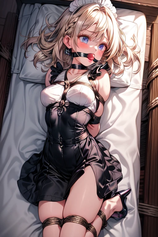 Shiny blond hair, very long hair, sophisticated haircut, ((((hair fully braided)))), ((small twisted braids)), thin and oval face, submissive, (((gagged))), ((((very cute maid girl)))), ((((very cute black maid dress)))), ((((cute waitress serving a blond man)))), cute and blushing 18 years old anime girl, look away because she is embarrassed and blushes, bright blue eyes, detailed face, detailed members, detailed arms, detailed hands, ((((sparkling diamond jewelry)))), tiara, ((makeup)), high heels, puffy sleeves, long gloves, long eyelashes, maid costume, maid dress, maid girl, Girl lying, tied by ropes, shackled, can no longer move, tied tightly, very hard tied up with lots of ropes, hampered by so many ropes that she can no longer move, bound hands and feet, ropes tie his whole body, tied extremely tightly and forcefully to her bed by a lot of ropes, its limbs are strongly tied together by ropes, his torso is tied up with thick cords, her chest is so tied up with ropes that it sticks out, her legs are tied tightly with thick ropes, his hands are tied behind his back with ropes, she can no longer move her feet, her hands which are tied by thick ropes, she desperately tries to free herself, likes to be tied tight with big ropes, likes to be immobilized by big ropes, lying down, his hands and feet are strongly tied to the railing of his bed, his legs are pressed together and tied with ropes, its limbs are held vigorously by imposing ropes, her hands are tied securely behind her back by ropes, her chest is compressed by strong ropes, she is pressed against her bed and restrained by large ropes (shibari, arms behind the back:1.4), (hands on the back), (masterpiece, best quality) 1.5, 1girl, solo, (sexy, beautiful woman, perfect face, perfect eyes, perfect hands), samus aran, (shibari, arms behind the back:1.4), (hands on the back), Spread the legs, s&#39; ((lie in bed by big ropes)), ((close up of the girl)), ((((lie in bed))))