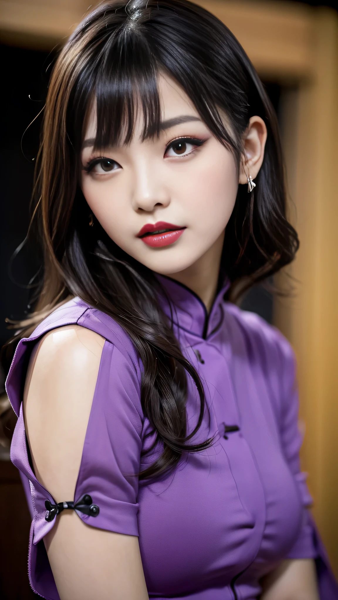 tra-detailed、Japanese、Attractive beauty、seductive adult woman、Pretty Woman、cool girl、brown hair、wavy hair、swept bangs、piercing eyes、hollow eyes、half-closed eyes、Hollow Eyes、Purple Eyeshadow、black lipstick、black lip gloss、dark makeup、smirk、Whisper in my ear、Evil expression、Long Black Cheongsam、Black wide sleeves、Evil cadres、Fallen into evil、brainwash、mind control、evil、Church at night、Swear allegiance、Have lipstick、Are standing