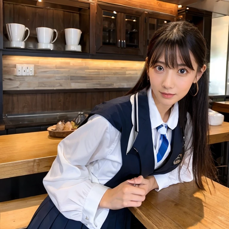 ((highest quality、8k、masterpiece:1.3)),((((fullbody shot)))),Ultra-high resolution,big eyes,Japanese,bangs,(a girl),(1 girl),((20 years old)),((facing at viewer)),(long hair),(((black sailor uniform))),grin,((sitting on chair)),(pleated mini skirt),(((pussy))),((pubic hair)),((skirt lift))