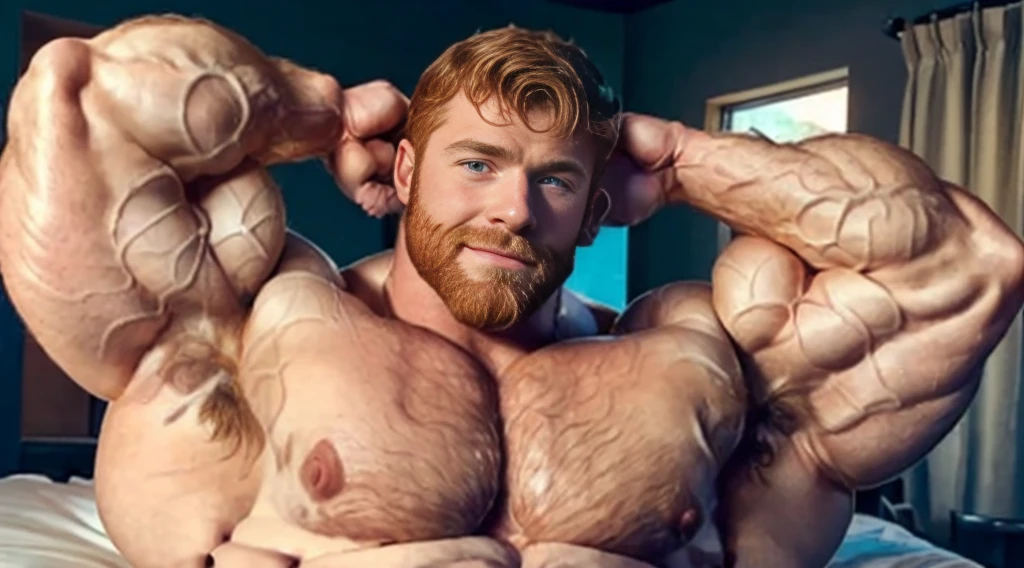 ginger daddy with blue/green eyes, (handsome:1.9), hung, (Muscular:1.6), (Huge Bulge:1.3), soft smile, wearing nothing but a bowtie, beard, ginger, (gigantic bodybuilder:1.6), (vascular pectoral muscles:1.7), Face the mix of Jensen Ackles and Josh Hutcherson on a matured man with a beard, laying in bed, (flexing:1.5), (muscles touched by hands:1.7), (detailed and vascular muscles:1.6), covered in cum, (sexual intercourse with another man:1.7), (hairy armpits:1.7)