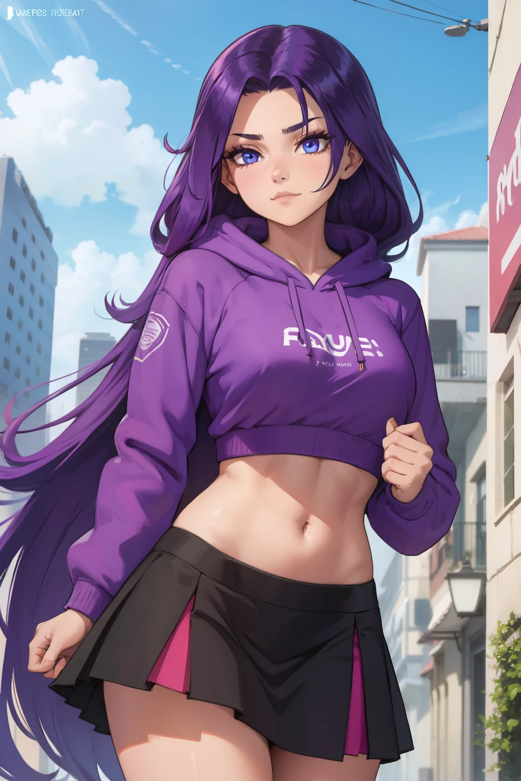 1girl, very long hair, purple hair, blue eyes, skirt, hoodie midriff, cute face
