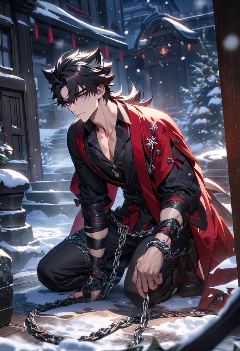 absurdres, highres, ultra detailed, HDR, master piece, best quality, extremely detailed face and eyes, Wriothesley, long hair, expressive crimson eyes, Genshin Impact, 1 man kneeling down, extremely handsome, chained hands, chains around his body, snow, snowflakes, snowing, night, red haori, black kimono