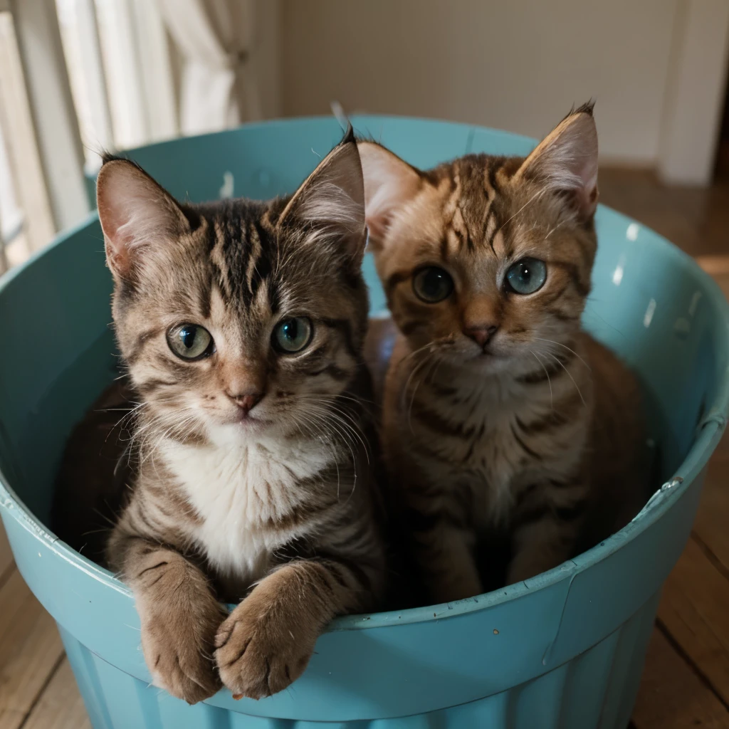((best quality)), ((masterpiece)), (detailed), kittens of cat ,very large shiny eyes ,in a bucket,low angle view,close up.