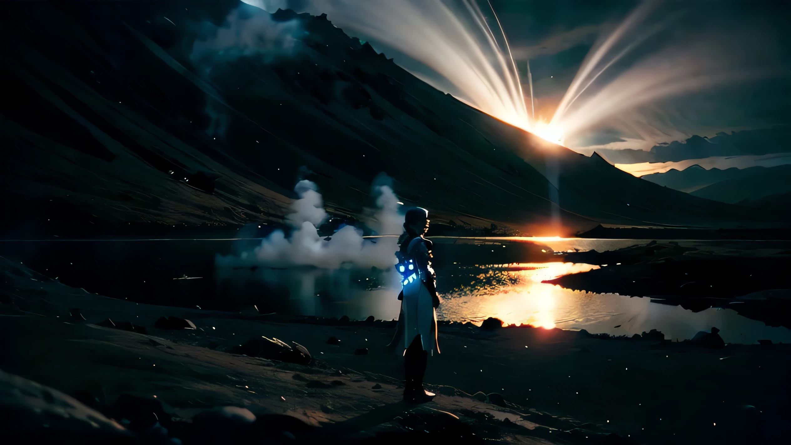 A girl in silver armor stands near a dark volcanic lake emitting sulfur gases. The lake is surrounded by a mysterious, ethereal atmosphere. The girl's armor shines brightly in the dim light, reflecting the colors of the surrounding landscape. Her armor is intricately detailed, with fine engravings and delicate patterns. Her eyes glimmer with determination as she gazes into the distance. The scene has a realistic and cinematic feel, as if captured from a 90's found footage VHS tape. The colors are muted, giving the image a nostalgic and atmospheric quality. The lighting casts eerie shadows, enhancing the ominous vibe of the volcanic setting. This prompt is a masterpiece, emphasizing the highest quality and attention to detail.