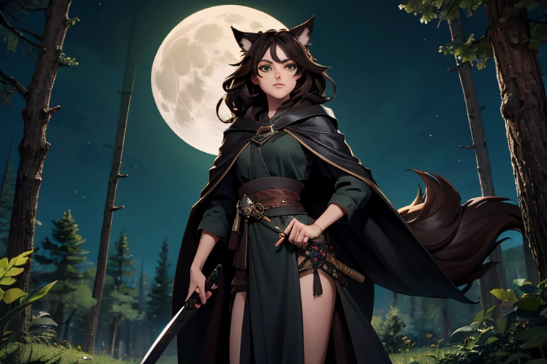 Female, dark brown hair, wolf ears and tail, green eyes, black cloak, sheathed steel katana, forest, full moon