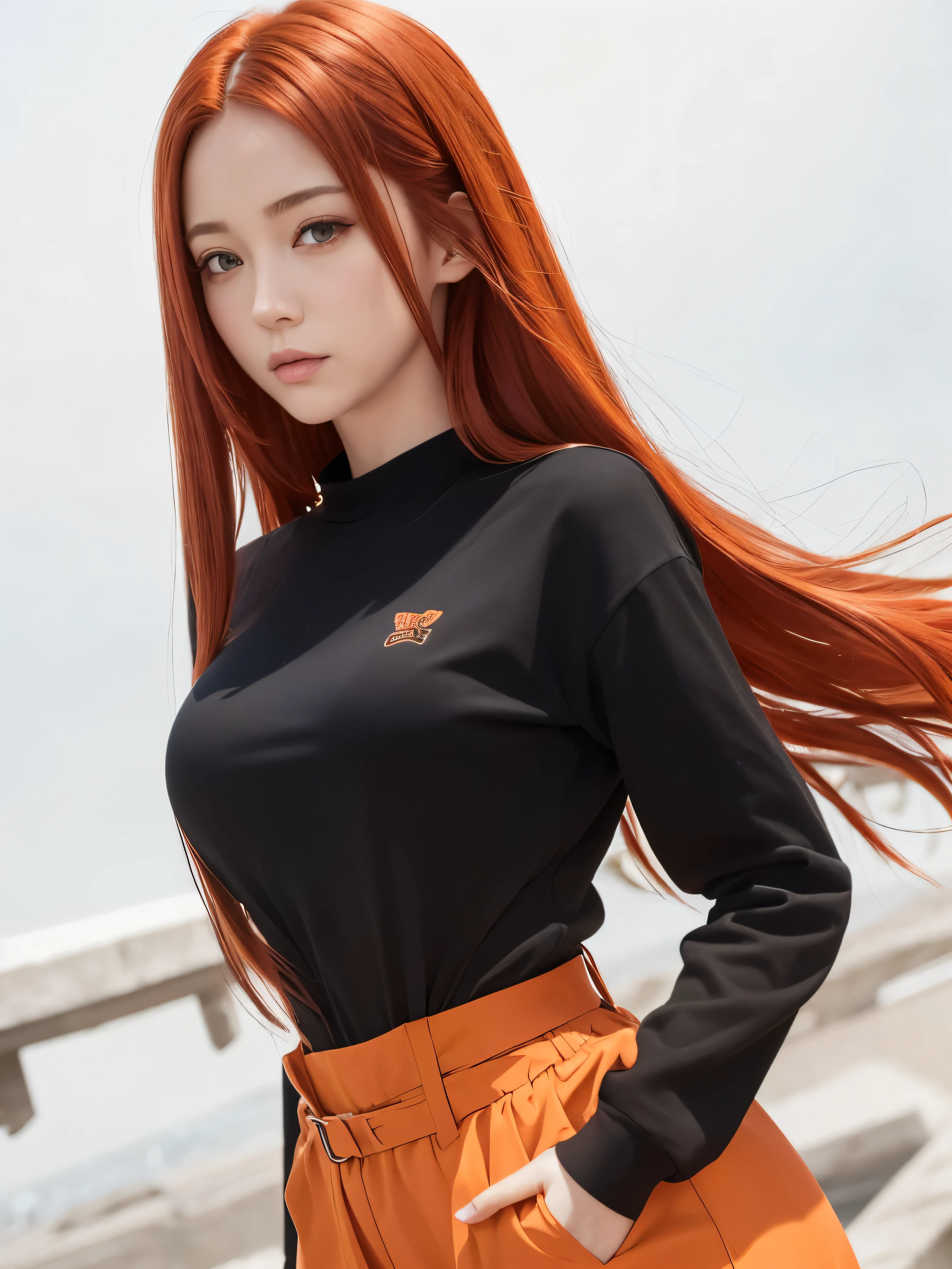 (best quality,4k,8k,highres,masterpiece:1.2),ultra-detailed,(realistic,photorealistic,photo-realistic:1.37), a close up of a woman with long red hair wearing a black shirt, red waist-long hair, she has long redorange hair, anime style character, she has red hair, official character art, female anime character, with red hair, she has long orange brown hair, anime woman
