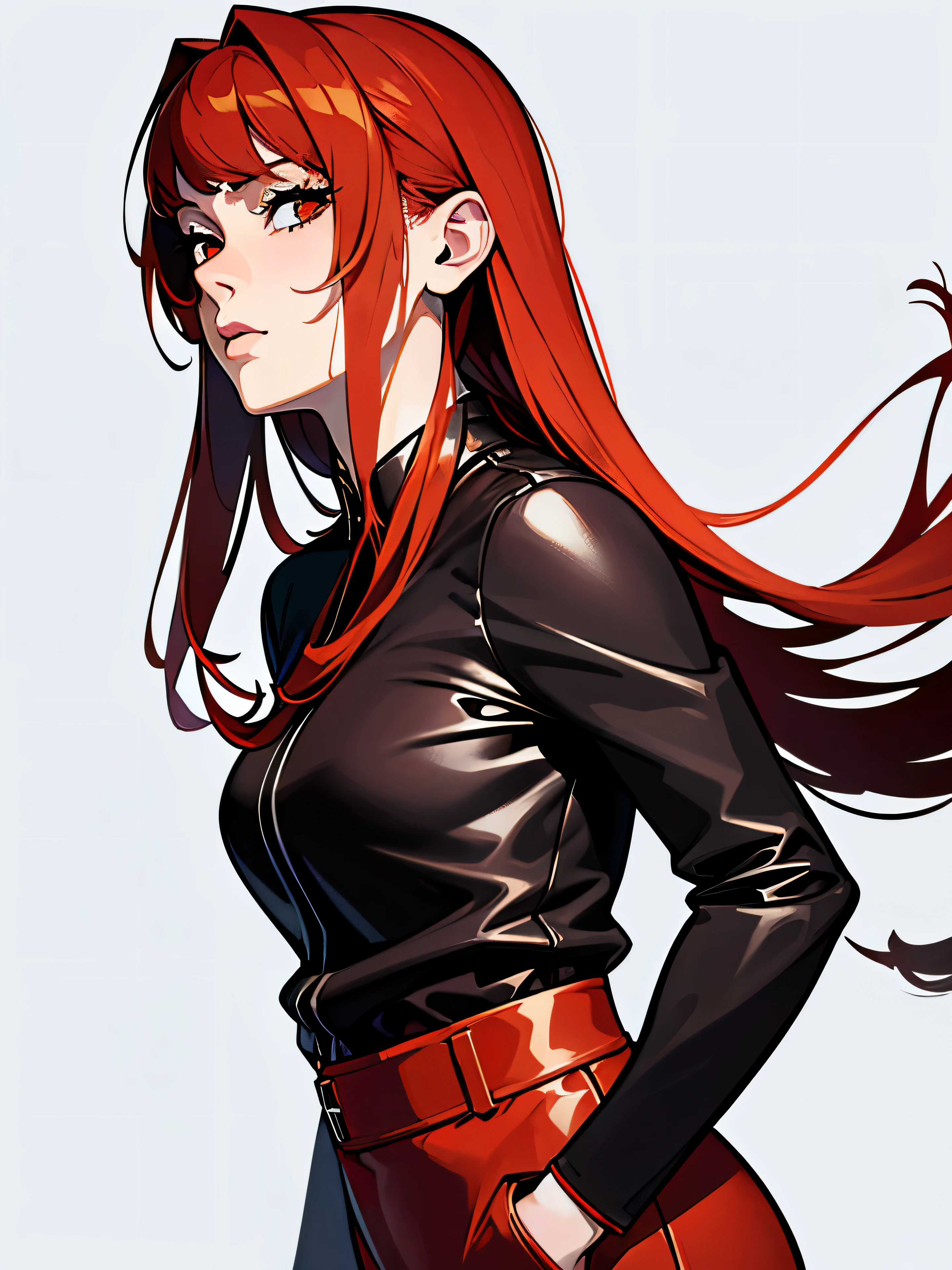 (best quality,4k,8k,highres,masterpiece:1.2),ultra-detailed,(realistic,photorealistic,photo-realistic:1.37), a close up of a woman with long red hair wearing a black shirt, red waist-long hair, she has long redorange hair, anime style character, she has red hair, official character art, female anime character, with red hair, she has long orange brown hair, anime woman